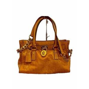 Michael Kors Hamilton Ostrich Leather Satchel Tote Bag Brown Orange Handbag